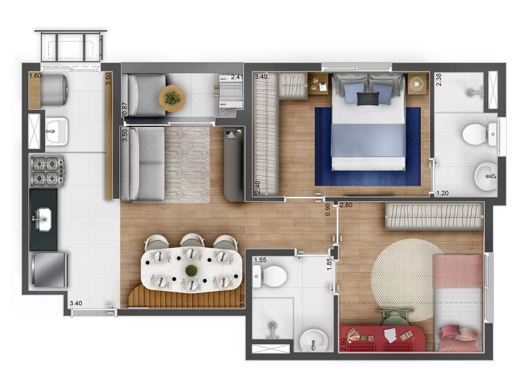 Planta 47m² — 2 suítes
